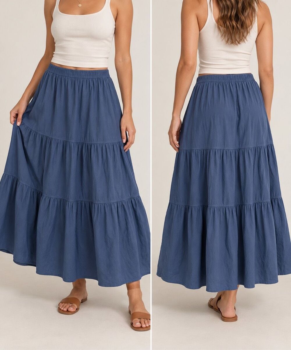 Pact Tiered Maxi Skirt Size L Blue Organic Cotton Boho Cottagecore